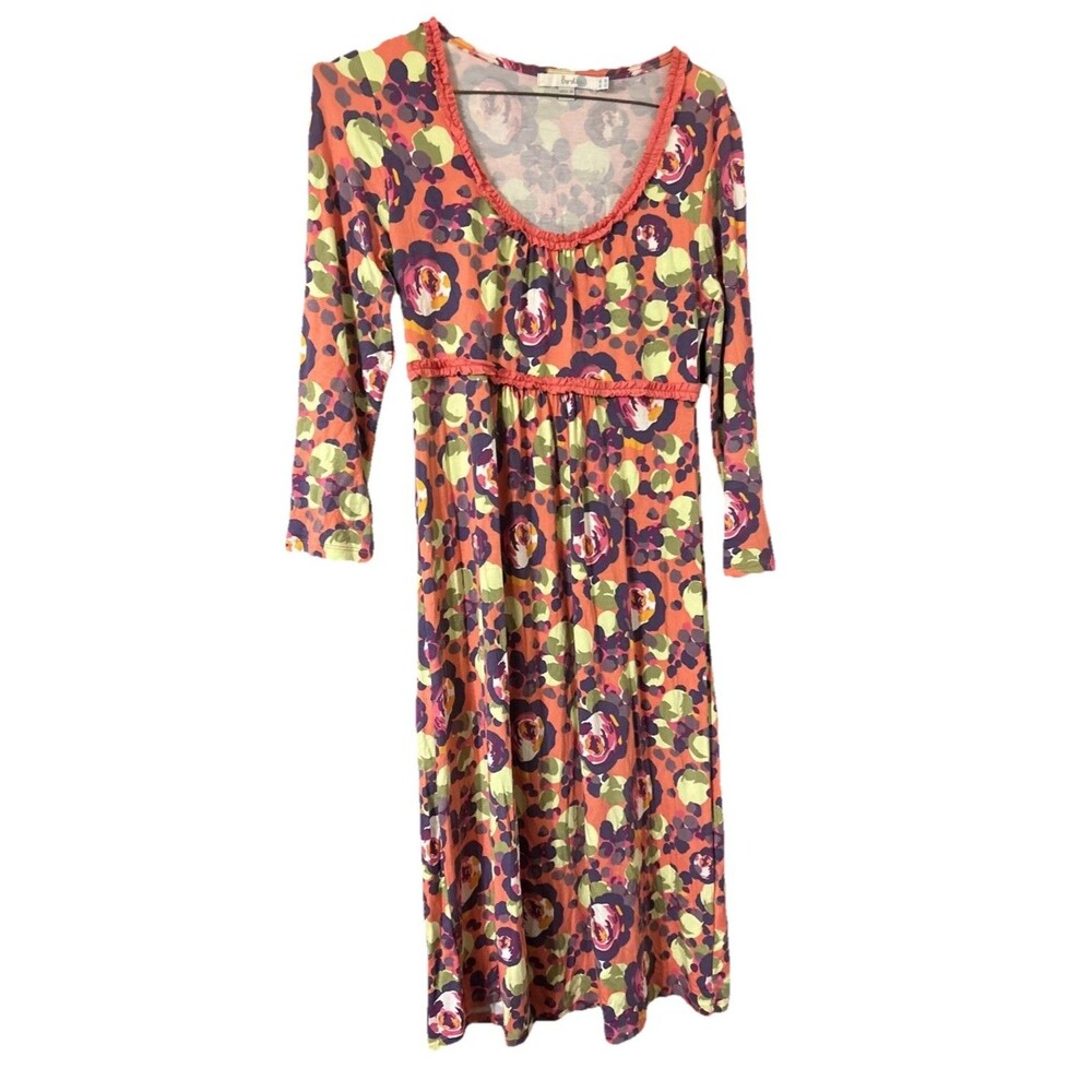Retro Boho Boden Floral Babydoll Empire Dress Ruffle Neck Midi Sz 4